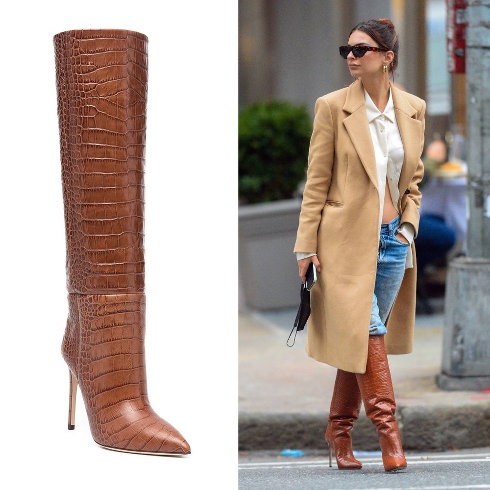 NWOT Paris Texas Brown Leather 85mm Croc Snake Effect Knee Boots Sz EU 37 US 7
